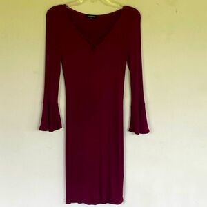NWOT Ambiance Women S Burgundy Extra Soft Fitted Bell Sleeve VNeck String  Dress